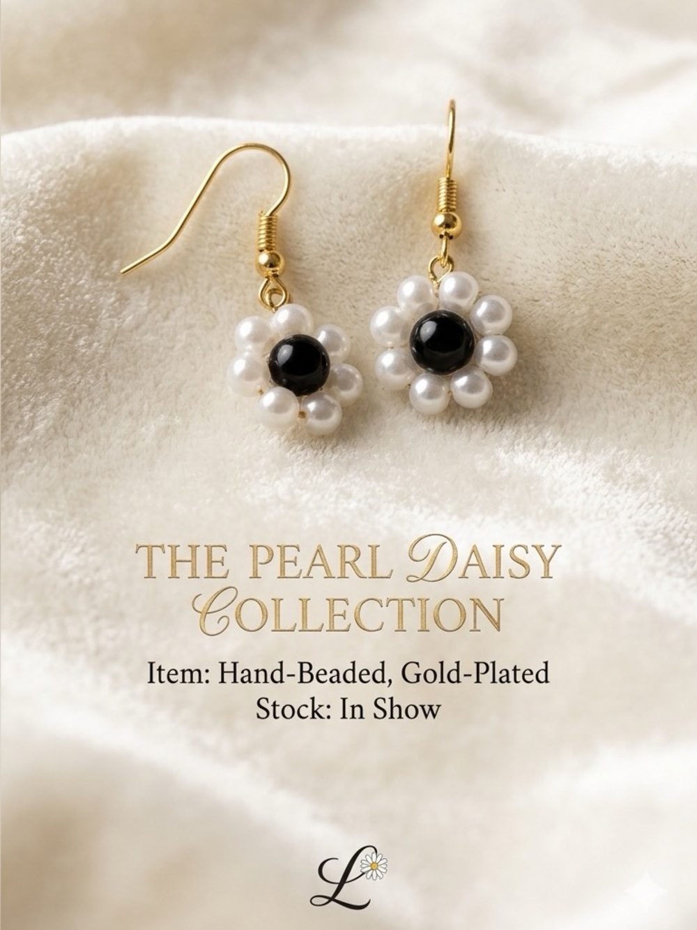 ❤️ Exquisite Gold-Plated Pearl & Black Center Flower drop Earrings